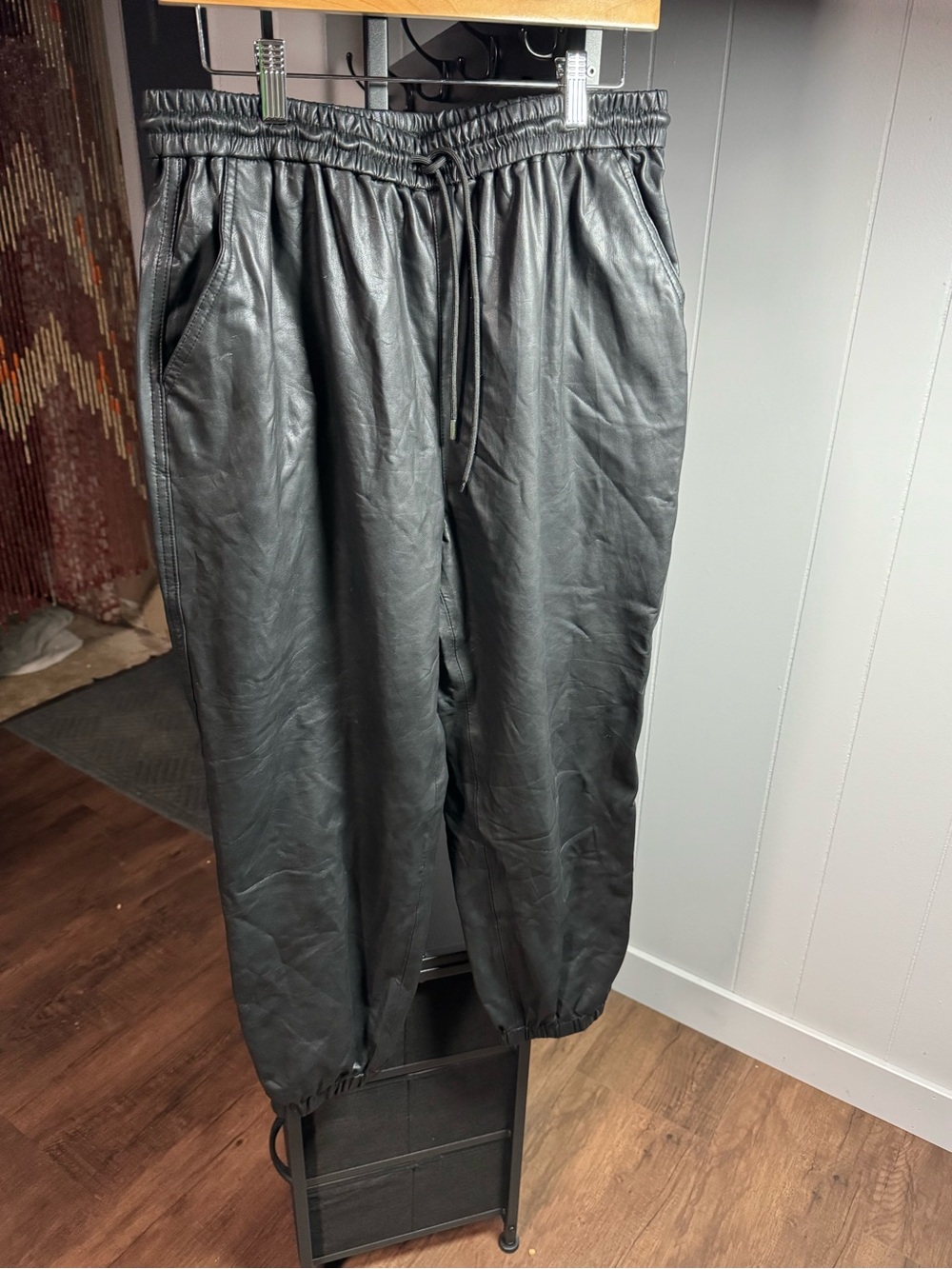 Blank NYC Black Faux Leather Jogger Pants with Elastic Waist